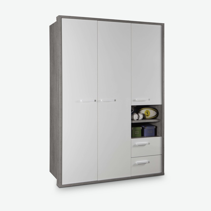 Pedri - Kleiderschrank aus Holzdekor in der Farbe Beton / weiß glanz, mit 3 Türen, 2 Schubkästen und 2 offene Fächer Pedri - Kleiderschrank aus Holzdekor in der Farbe Beton / weiß glanz, mit 3 Türen, 2 Schubkästen und 2 offene Fächer