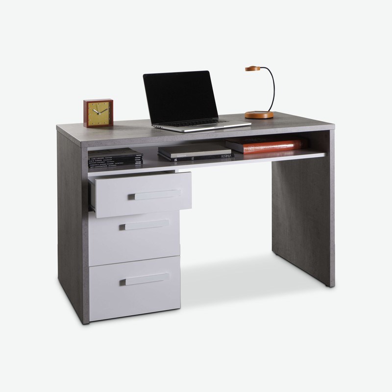 Pedri - Scrivania con 3 cassetti ed 1 vano aperto per la tastiera, in legno d'imitazione colore cemento / bianco lucido Pedri - Scrivania con 3 cassetti ed 1 vano aperto per la tastiera, in legno d'imitazione colore cemento / bianco lucido