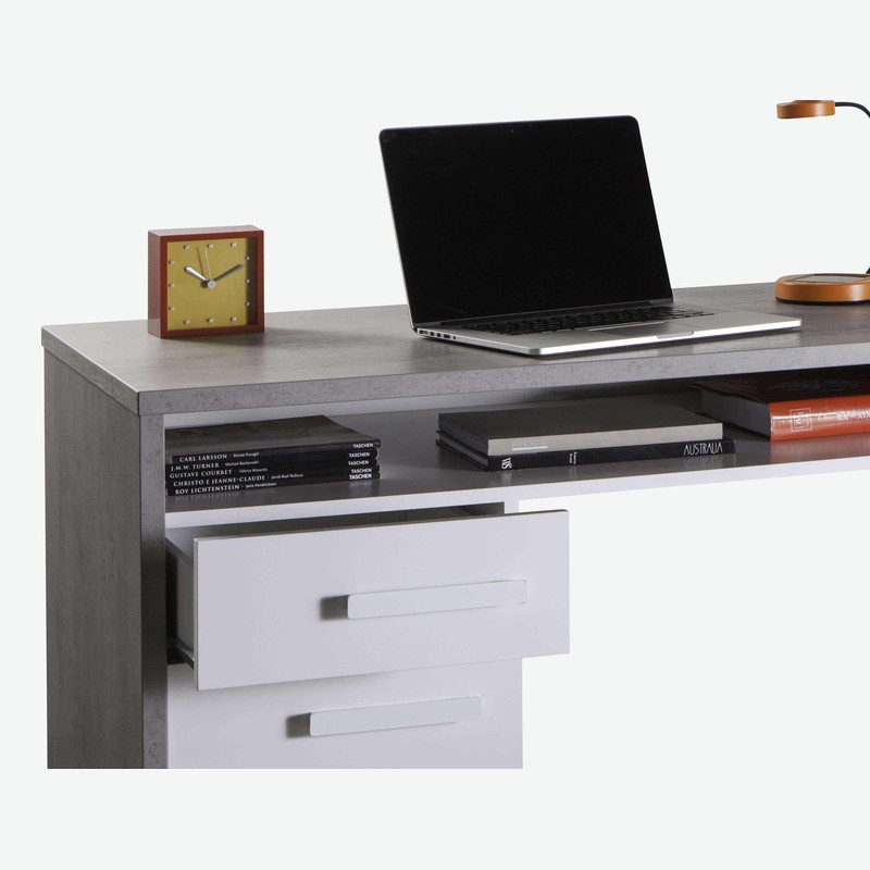 Pedri - Scrivania con 3 cassetti ed 1 vano aperto per la tastiera, in legno d'imitazione colore cemento / bianco lucido Pedri - Scrivania con 3 cassetti ed 1 vano aperto per la tastiera, in legno d'imitazione colore cemento / bianco lucido