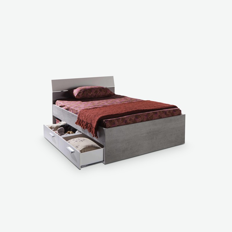 Pedri - Einzelbett aus Holzdekor mit 2 Schubkästen Pedri - Einzelbett aus Holzdekor mit 2 Schubkästen