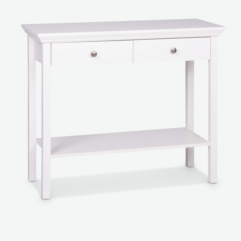 Lando - Deko Tisch aus Holzdekor in weißer Farbe, bietet 2 Schubkästen und 1 Ablage
