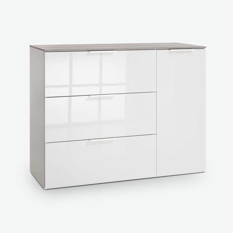 Cinzia - Kommode mit 3 Schubkästen und 1 Seitentür, aus Holzdekor in weiß Hochglanz / grau (Beton Nachbildung) Cinzia - Kommode mit 3 Schubkästen und 1 Seitentür, aus Holzdekor in weiß Hochglanz / grau (Beton Nachbildung)