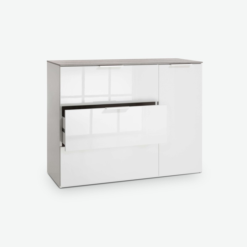 Cinzia - Kommode mit 3 Schubkästen und 1 Seitentür, aus Holzdekor in weiß Hochglanz / grau (Beton Nachbildung) Cinzia - Kommode mit 3 Schubkästen und 1 Seitentür, aus Holzdekor in weiß Hochglanz / grau (Beton Nachbildung)