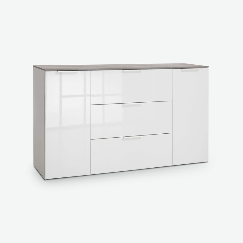 Cinzia - Kommode mit 3 Schubkästen und 2 Seitentür,en aus Holzdekor in weiß Hochglanz / grau (Beton Nachbildung) Cinzia - Kommode mit 3 Schubkästen und 2 Seitentür,en aus Holzdekor in weiß Hochglanz / grau (Beton Nachbildung)