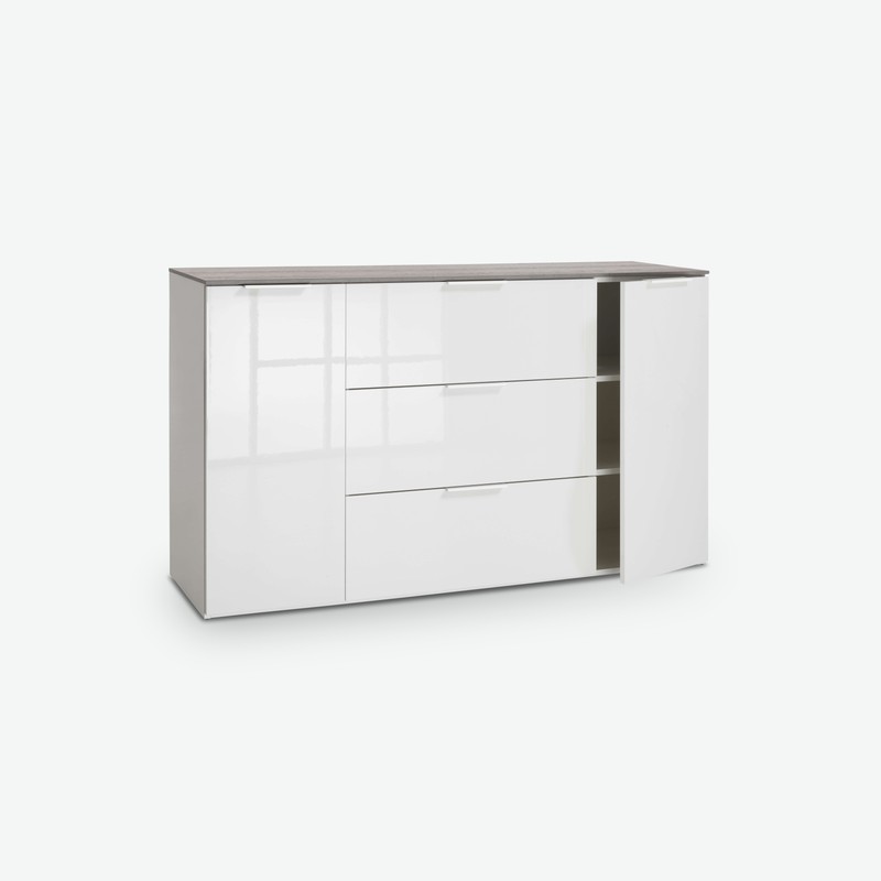 Cinzia - Kommode mit 3 Schubkästen und 2 Seitentür,en aus Holzdekor in weiß Hochglanz / grau (Beton Nachbildung) Cinzia - Kommode mit 3 Schubkästen und 2 Seitentür,en aus Holzdekor in weiß Hochglanz / grau (Beton Nachbildung)