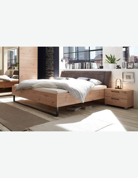 Olmo - Fusto letto in legno laminato di colore quercia artigianale con incluso 2 comodini