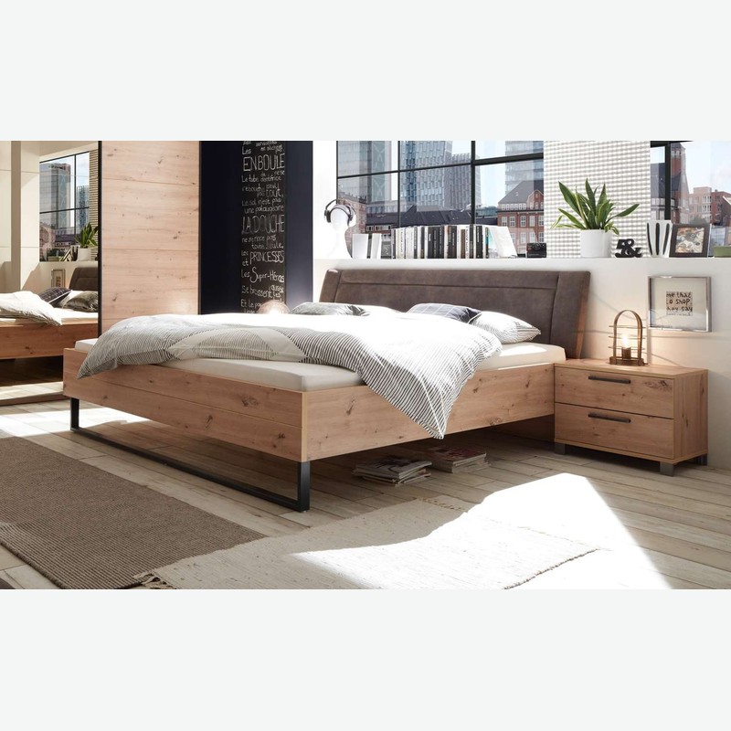 Olmo - Fusto letto in legno laminato di colore quercia artigianale con incluso 2 comodini