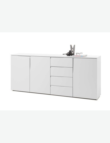 Nardo - Kommode mit 3 Türen und 4 Schubkästen, aus Holzdekor, in matt weiß Nardo - Kommode mit 3 Türen und 4 Schubkästen, aus Holzdekor, in matt weiß