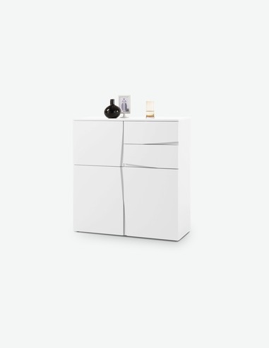 Nardo - Kommode mit 3 Türen und 2 Schubkästen, aus Holzdekor, in weiß matt Nardo - Kommode mit 3 Türen und 2 Schubkästen, aus Holzdekor, in weiß matt
