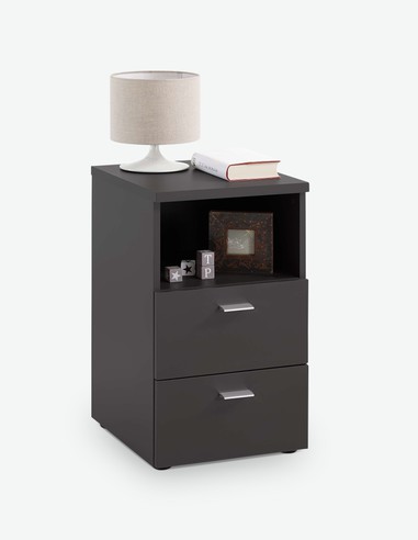 Colma - Comodino con 2 cassetti ed 1 vano aperto, in legno laminato Colma - Comodino con 2 cassetti ed 1 vano aperto, in legno laminato