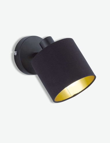 Teo - Faretto a LED girabile, in metallo di colore nero opaco, con paralume in tessuto nero / dorato