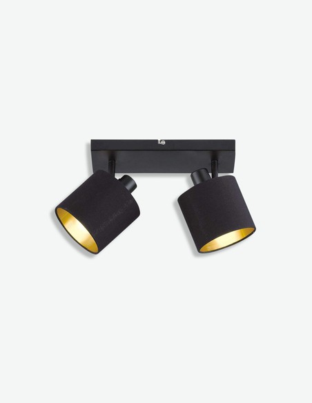 Teo - Faretto girabile con 2 luci a LED, in metallo di colore nero opaco, con paralume in tessuto nero / dorato