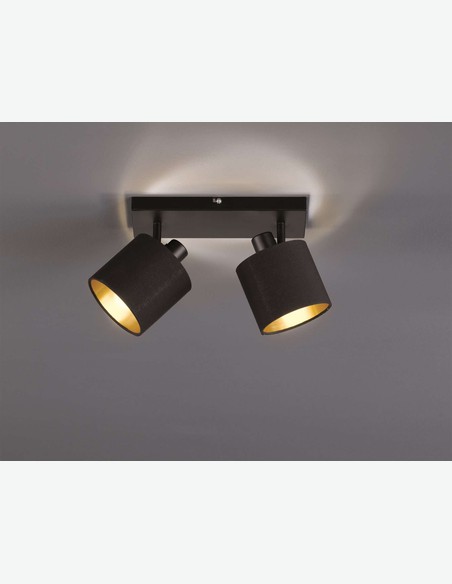 Teo - Faretto girabile con 2 luci a LED, in metallo di colore nero opaco, con paralume in tessuto nero / dorato