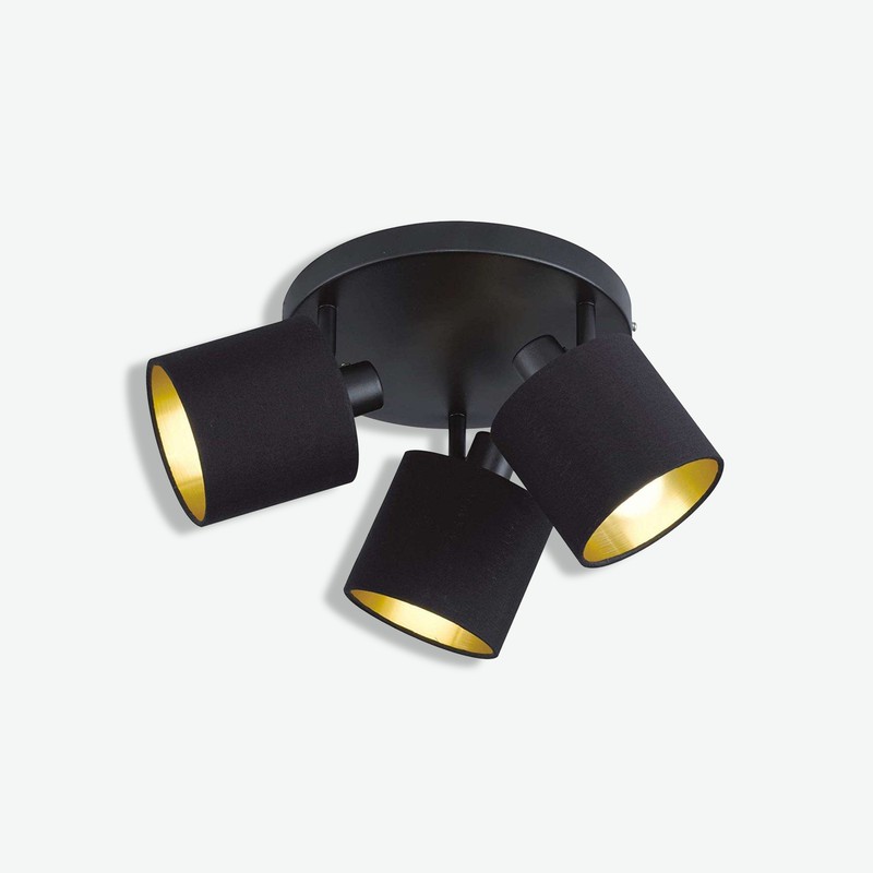 Teo - Faretto girabile con 3 luci a LED, in metallo di colore nero opaco, con paralume in tessuto nero / dorato