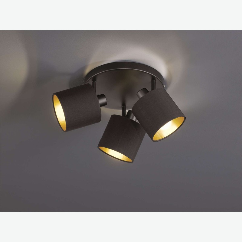 Teo - Faretto girabile con 3 luci a LED, in metallo di colore nero opaco, con paralume in tessuto nero / dorato