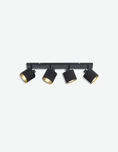 Teo - Faretto girabile con 4 luci a LED, in metallo di colore nero opaco, con paralume in tessuto nero / dorato