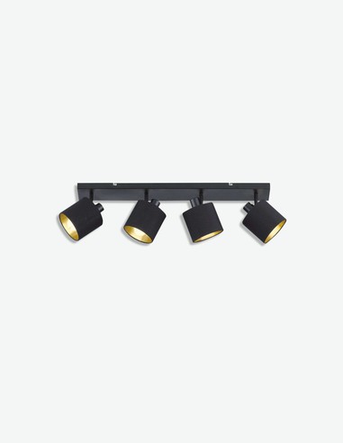 Teo - Drehbarer 4er LED Wandspot aus mattschwarzem Metall mit Lampenschirm aus schwarz / vergoldetem Stoff Teo - Drehbarer 4er LED Wandspot aus mattschwarzem Metall mit Lampenschirm aus schwarz / vergoldetem Stoff