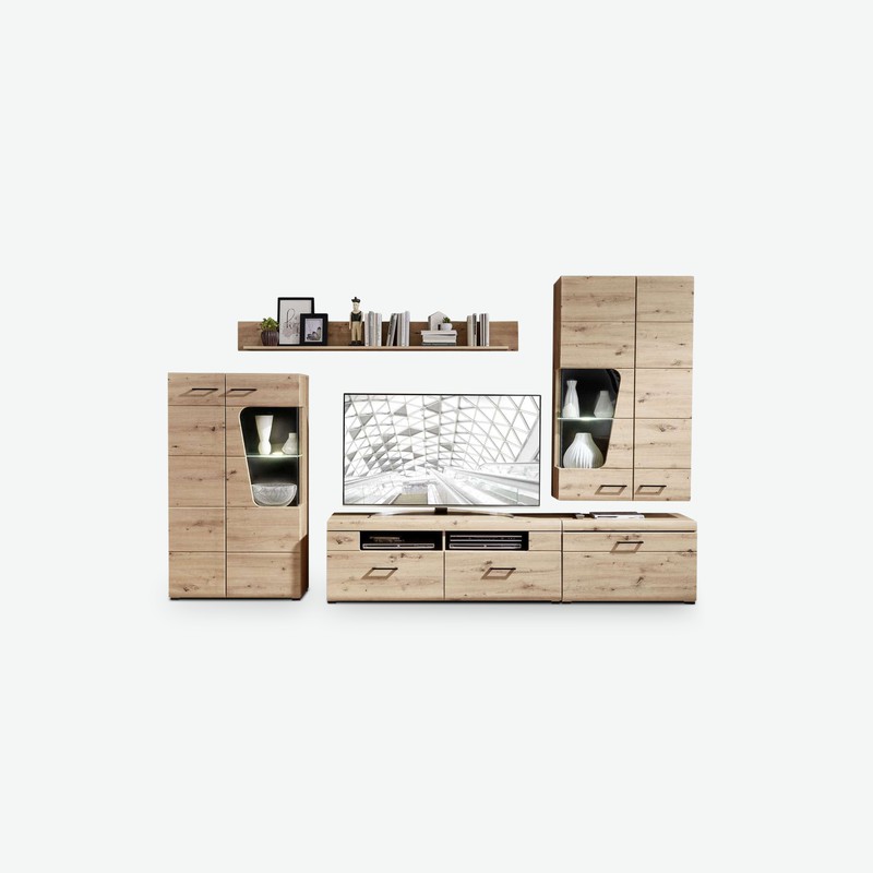Karina - Moderne und elegante Wohnwand aus Holzdekor in der Farbe Artisan Eiche