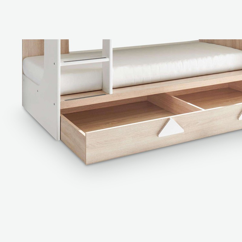 Miko - Etagenbett aus Eiche Sonoma / weiß Dekor mit integriertem Bettschubkasten