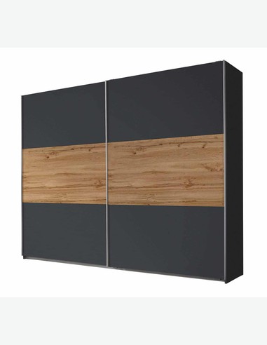 Odlo - Schwebetürenschrank aus Holzdekor in grau metallic / Eiche wotan Odlo - Schwebetürenschrank aus Holzdekor in grau metallic / Eiche wotan