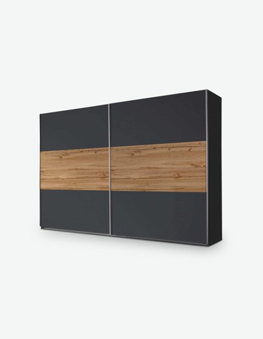 Odlo - Schwebetürenschrank aus Holzdekor in grau metallic / Eiche wotan Odlo - Schwebetürenschrank aus Holzdekor in grau metallic / Eiche wotan