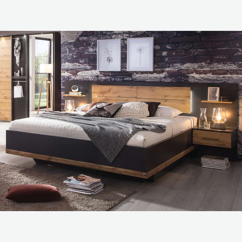 Bison - Fusto letto con comodini compresi, in legno laminato di colore grigio metallizzato / quercia Wotan