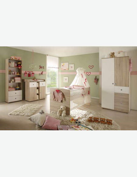 Werni - Armadio per bambini / neonati con 2 cassetti e 3 ripiani, in legno laminato di colore quercia Sonoma / bianco