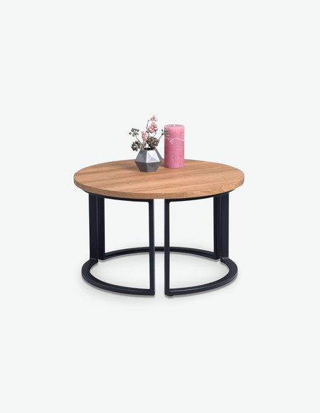 Denver - Tavolino da soggiorno rotondo, telaio in metallo e piano del tavolo in quercia d'imitazione