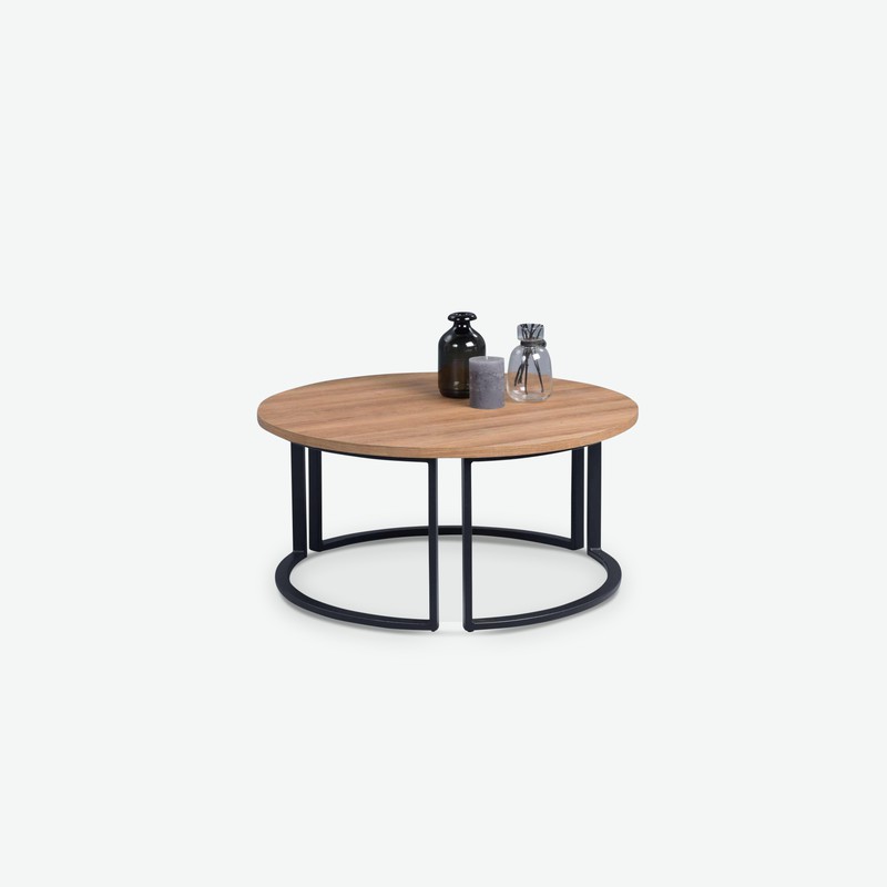 Denver - Tavolino da soggiorno rotondo, telaio in metallo e piano del tavolo in quercia d'imitazione