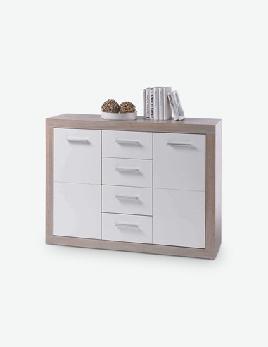 CanCan - Kommode aus Holzdekor mit 2 Türen und 4 Schubladen, in der Farbe Eiche Sonoma / weiß Hochglanz CanCan - Kommode aus Holzdekor mit 2 Türen und 4 Schubladen, in der Farbe Eiche Sonoma / weiß Hochglanz