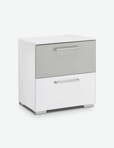 Raila - Comodino con 2 cassetti, in legno laminato di colore bianco alpino / grigio Raila - Comodino con 2 cassetti, in legno laminato di colore bianco alpino / grigio