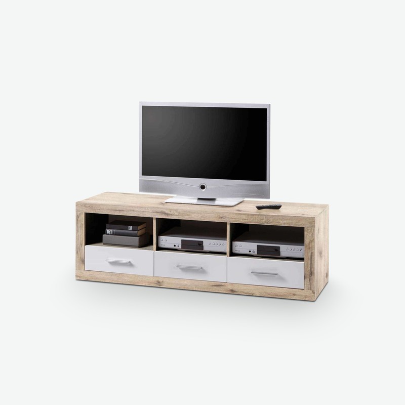 CanCan - TV Möbel aus Holzdekor mit 3 Schubkästen und 3 offenen Fächer, in der Farbe Eiche Sonoma / weiß Hochglanz