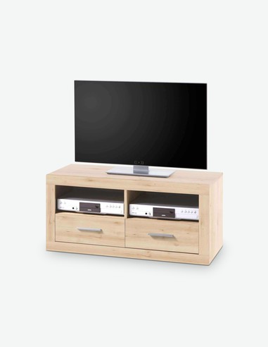 CanCan - TV Möbel aus Holzdekor mit 2 Schubkästen und 2 offenen Fächer, in der Farbe Eiche Sonoma / weiß Hochglanz