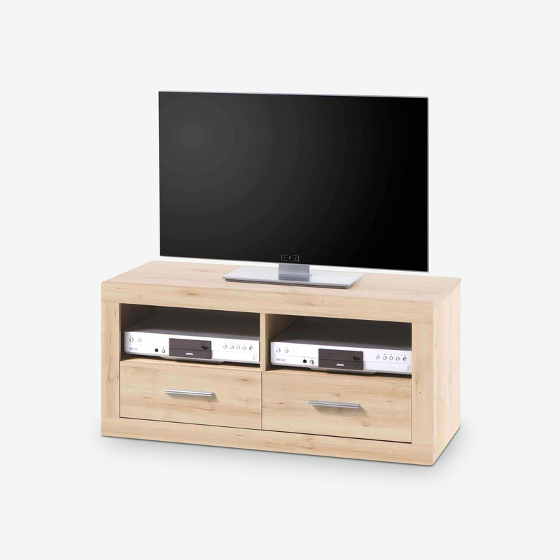 CanCan - TV Möbel aus Holzdekor mit 2 Schubkästen und 2 offenen Fächer, in der Farbe Eiche Sonoma / weiß Hochglanz