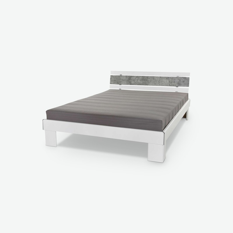 Jacub - Französisches Bett aus Holzdekor in der Farbe weiß / Beton mit Matratze und Rollrost inklusive