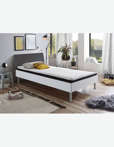 Emily - Fusto letto in legno laminato con materasso, topper e rete a doghe comprese. Disponibile in 2 colorazioni diverse