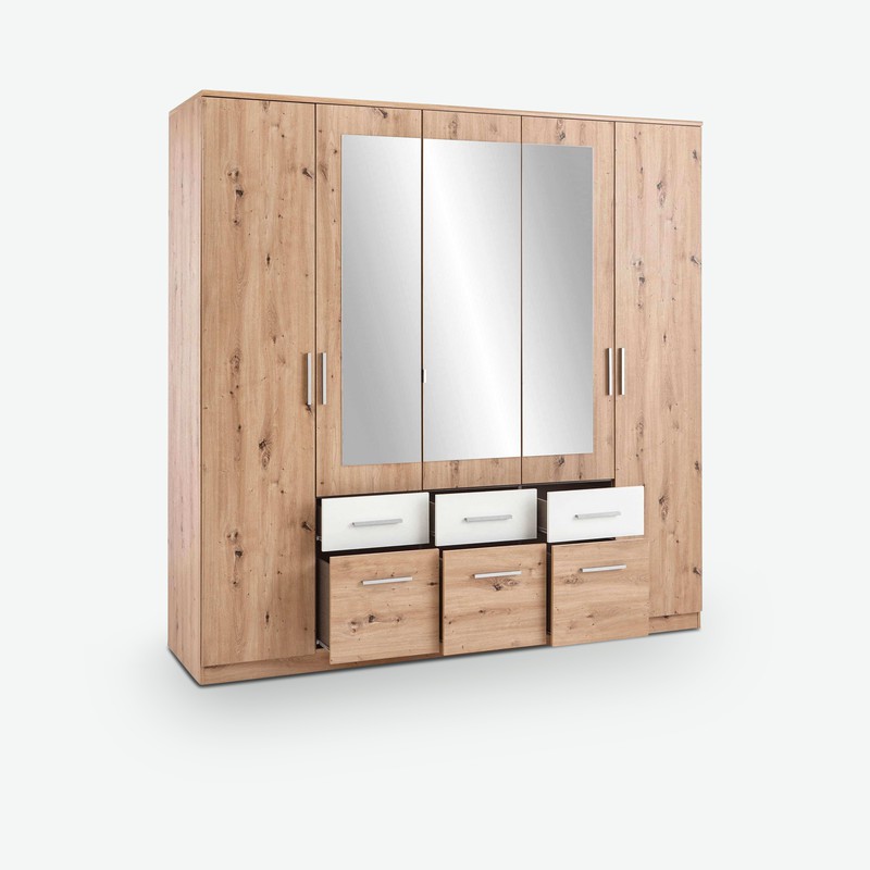 Floriana - Drehtürenschrank mit 2 Holz-, 3 Spiegeltüren und 6 Schubkästen