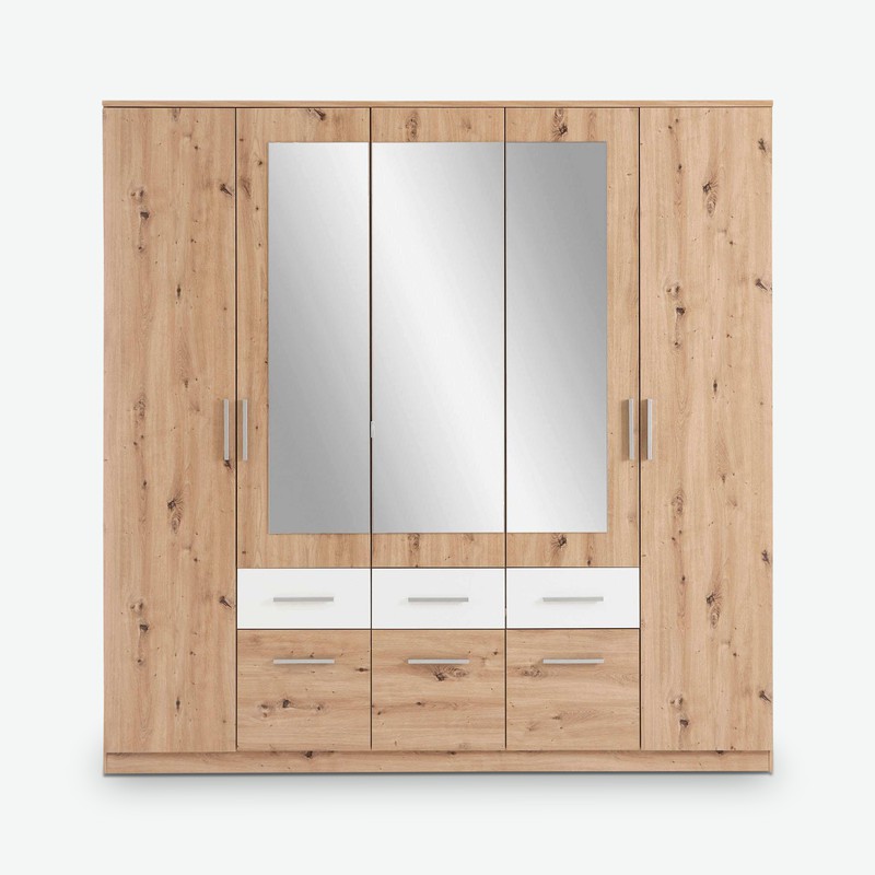 Floriana - Drehtürenschrank mit 2 Holz-, 3 Spiegeltüren und 6 Schubkästen