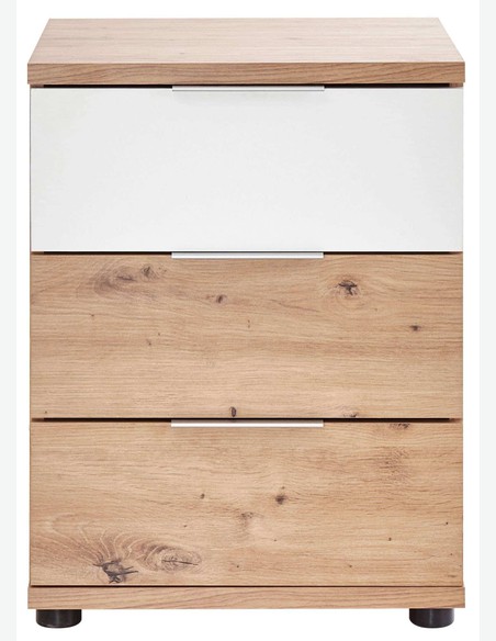 Floriana - Fusto letto con 2 comodini e illuminazione, in legno laminato di colore quercia Artisan / bianco