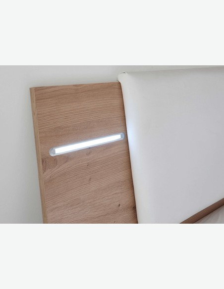 Floriana - Fusto letto con 2 comodini e illuminazione, in legno laminato di colore quercia Artisan / bianco