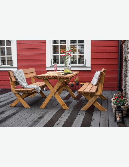 Classic - Set da giardino, composto da 1 tavolo e 2 panche in legno massiccio di colore marrone