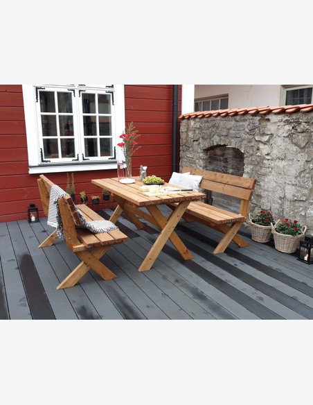Classic - Set da giardino, composto da 1 tavolo e 2 panche in legno massiccio di colore marrone